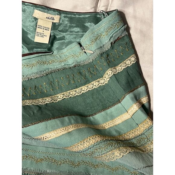 Odille Green & Cream Lace Ribbon Stripe Ruffle Skirt Anthropologie Gold Viscose - Picture 11 of 15